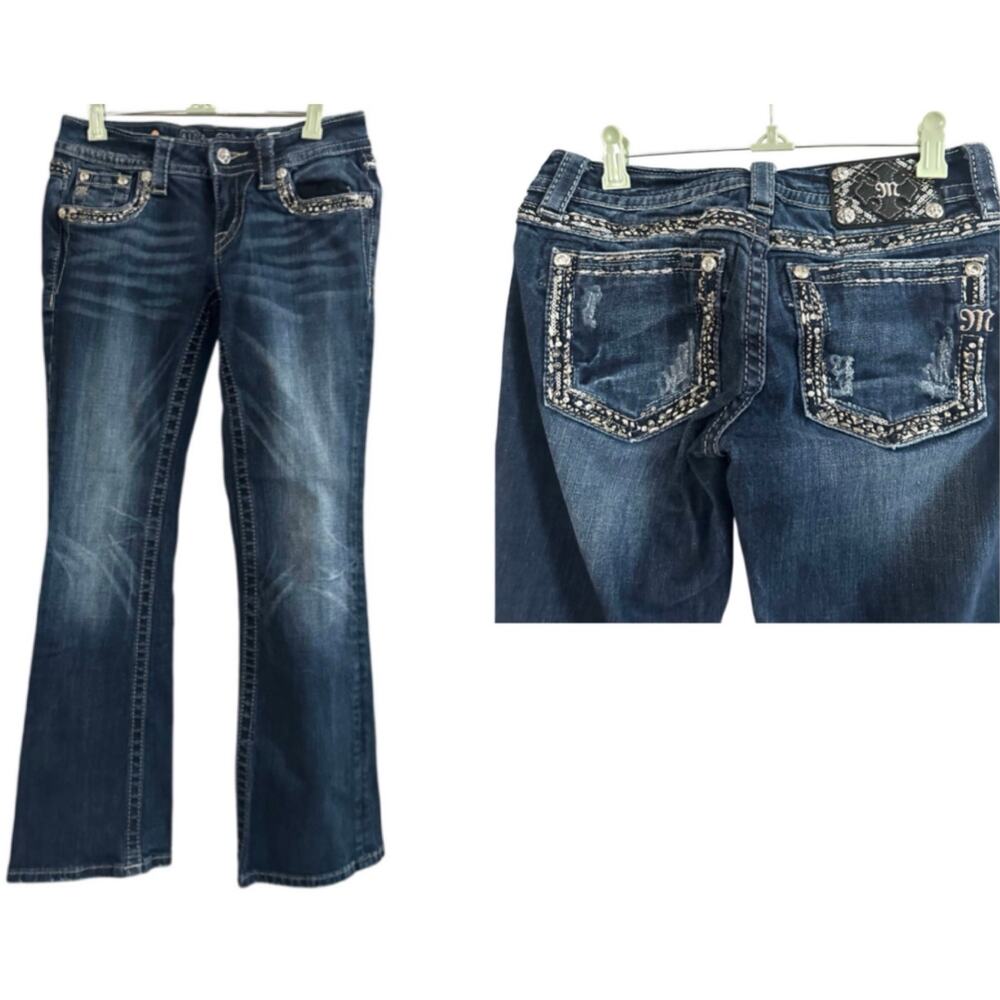 MISS ME Signature Boot Cut Jeans Bling Embellished  Studded Embroidered - Sz 25